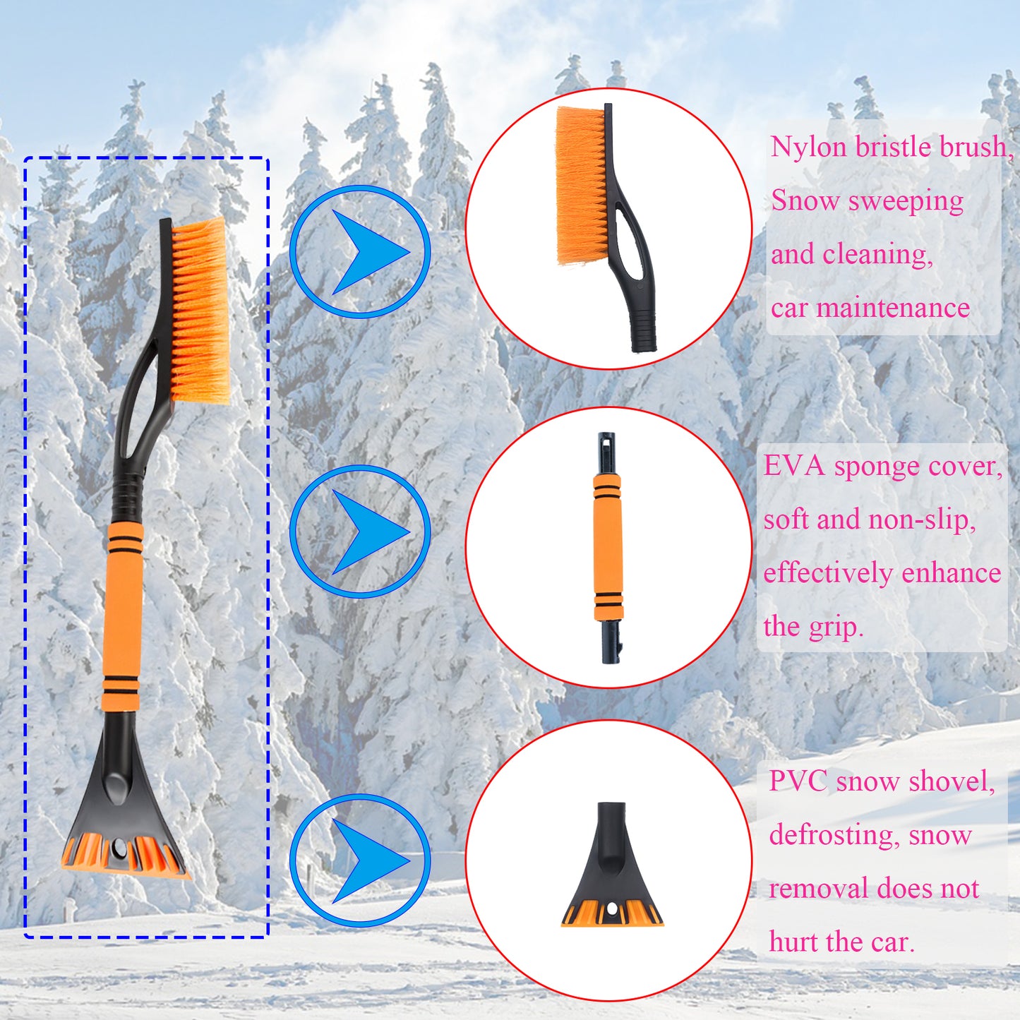 Drasry Snow Brush Ice Scraper Tool Portable 3 In 1 Detachable Snow Removal Kit