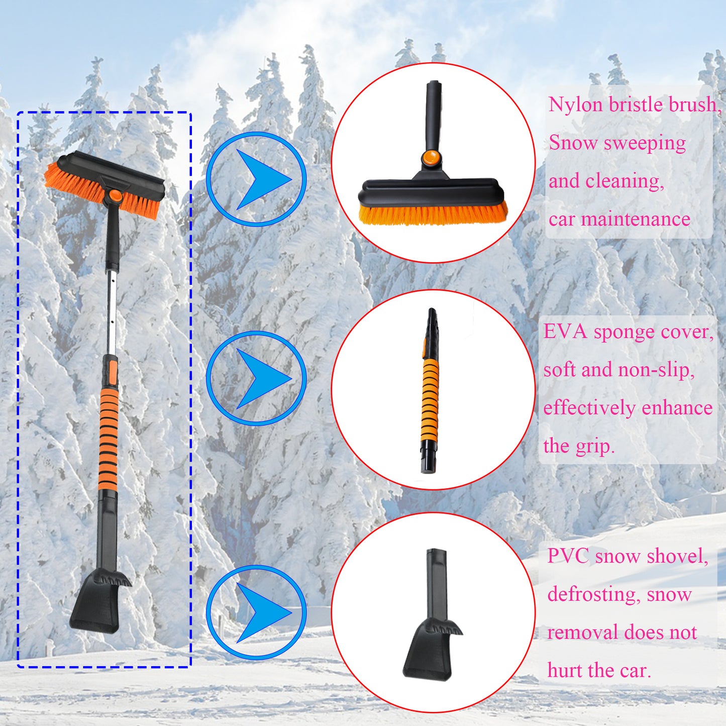 Drasry Snow Brush Ice Scraper Tool Portable 3 In 1 Detachable Snow Removal Kit