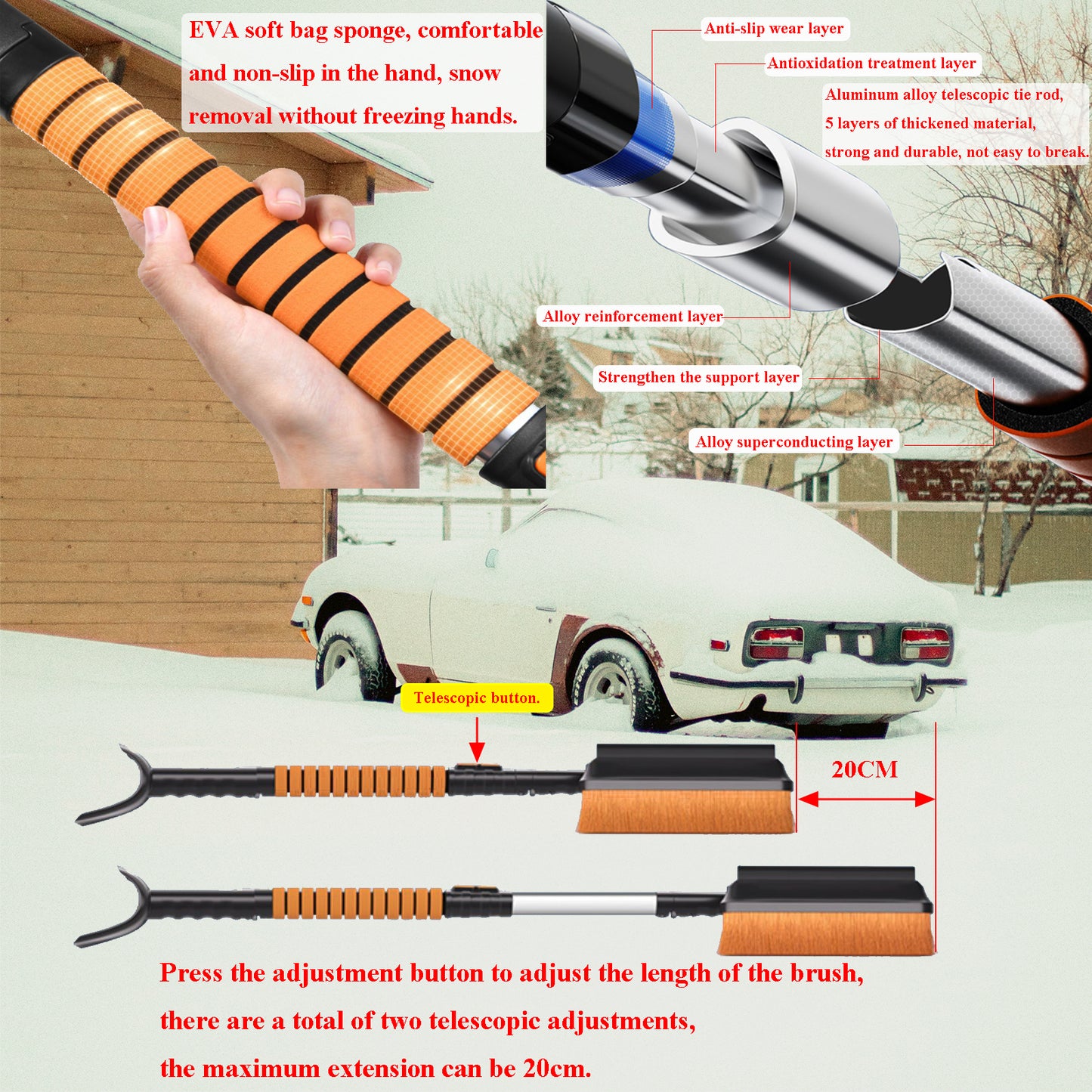 Drasry Snow Brush Ice Scraper Tool Portable 3 In 1 Detachable Snow Removal Kit